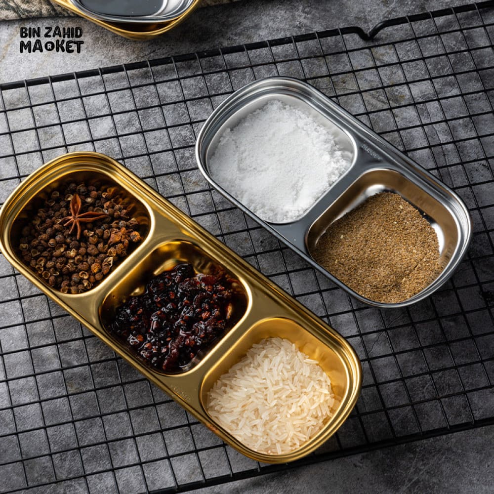 GOLDEN 3 PARTITION STAINLESS STEEL DIP BOWLS – LUXURY SAUCE PLATE & SEASONING TRAY FOR BBQ VINEGAR SPICES KETCHUP SALT