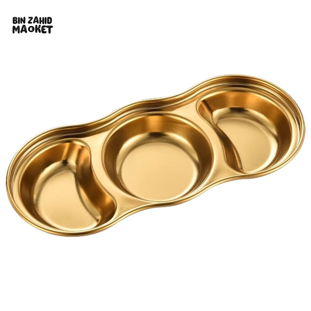 GOLDEN 3 PARTITION STAINLESS STEEL DIP BOWLS – LUXURY SAUCE PLATE & SEASONING TRAY FOR BBQ VINEGAR SPICES KETCHUP SALT