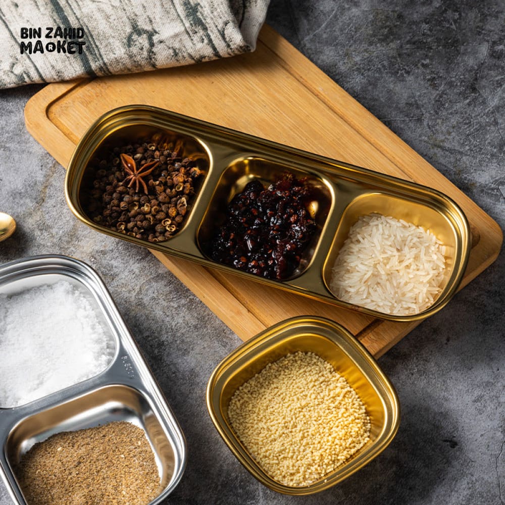GOLDEN 3 PARTITION STAINLESS STEEL DIP BOWLS – LUXURY SAUCE PLATE & SEASONING TRAY FOR BBQ VINEGAR SPICES KETCHUP SALT