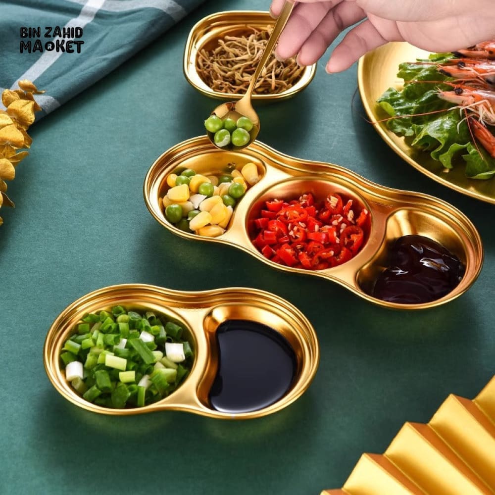 GOLDEN 3 PARTITION STAINLESS STEEL DIP BOWLS – LUXURY SAUCE PLATE & SEASONING TRAY FOR BBQ VINEGAR SPICES KETCHUP SALT