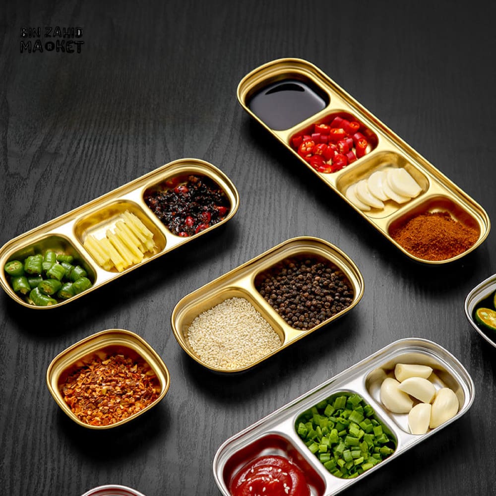 GOLDEN 3 PARTITION STAINLESS STEEL DIP BOWLS – LUXURY SAUCE PLATE & SEASONING TRAY FOR BBQ VINEGAR SPICES KETCHUP SALT