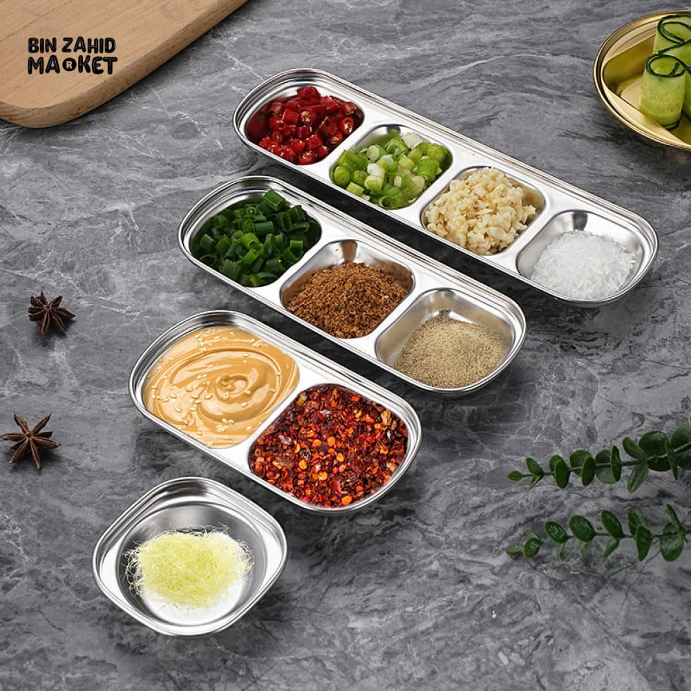 GOLDEN 3 PARTITION STAINLESS STEEL DIP BOWLS – LUXURY SAUCE PLATE & SEASONING TRAY FOR BBQ VINEGAR SPICES KETCHUP SALT