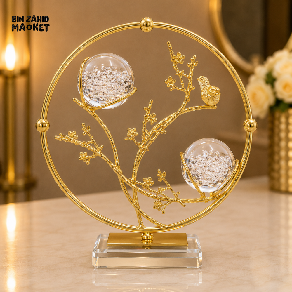 GOLDEN BIRD BRANCH DOUBLE CRYSTAL ORB DECORATIVE ORNAMENT