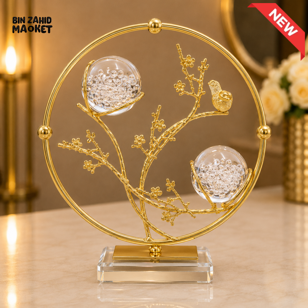 GOLDEN BIRD BRANCH DOUBLE CRYSTAL ORB DECORATIVE ORNAMENT
