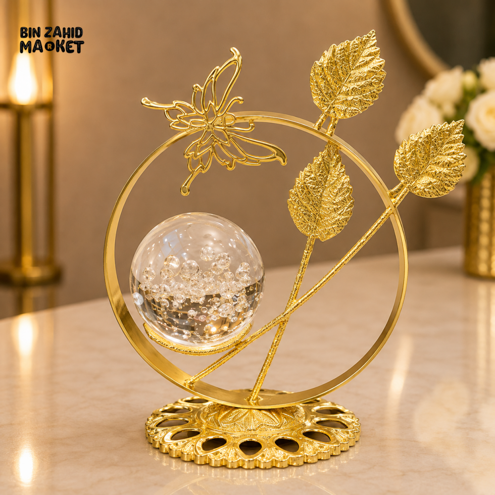 GOLDEN BUTTERFLY LEAF CRYSTAL ORB DECORATIVE ORNAMENT