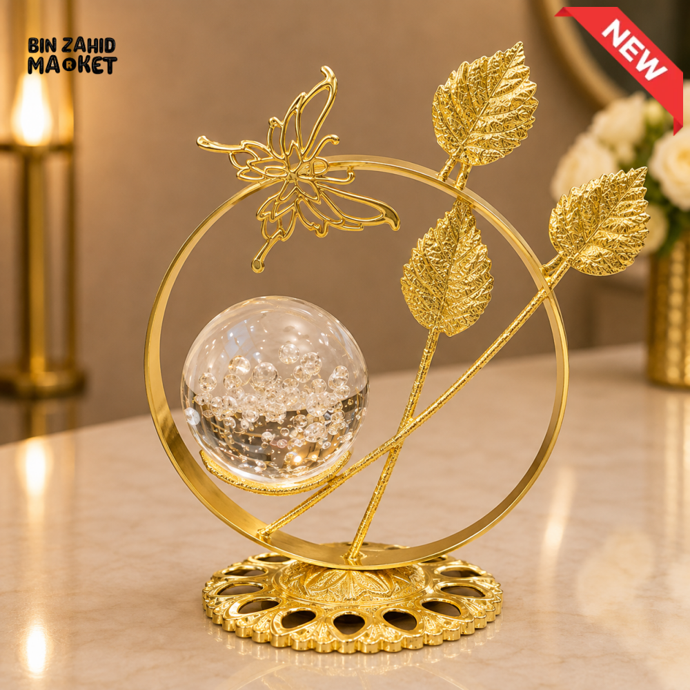 GOLDEN BUTTERFLY LEAF CRYSTAL ORB DECORATIVE ORNAMENT