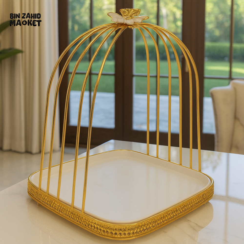 GOLDEN CAGE STYLE SERVING TRAY WITH WHITE CERAMIC BASE SJ1201