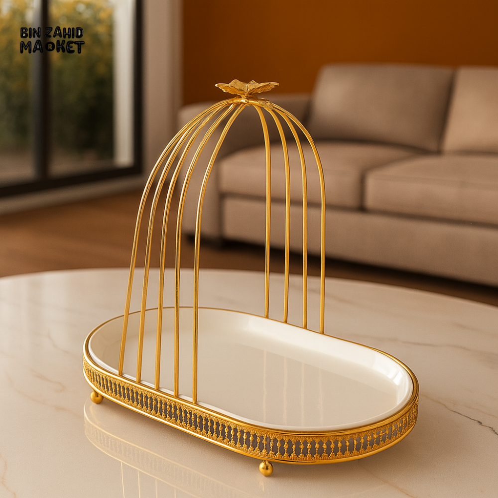 GOLDEN CAGE STYLE SERVING TRAY WITH WHITE CERAMIC BASE SJ1203