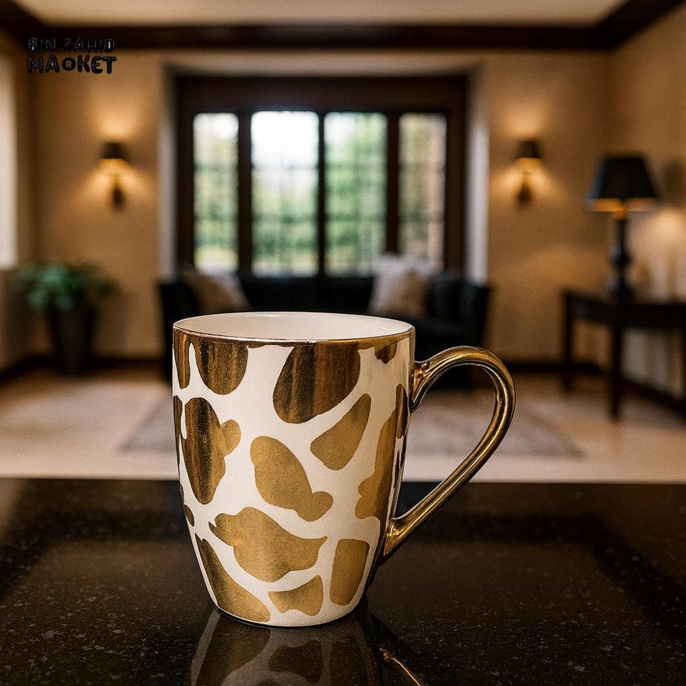 GOLDEN CERAMIC MUG – GIRAFFE PATTERN COFFEE CUP