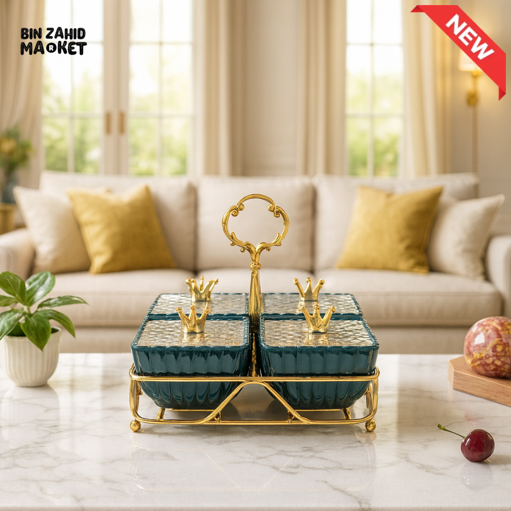 GOLDEN CROWN CERAMIC SERVING SET – 4 PIECE ELEGANT STORAGE CONTAINERS WITH METAL TRAY ZQ 027G