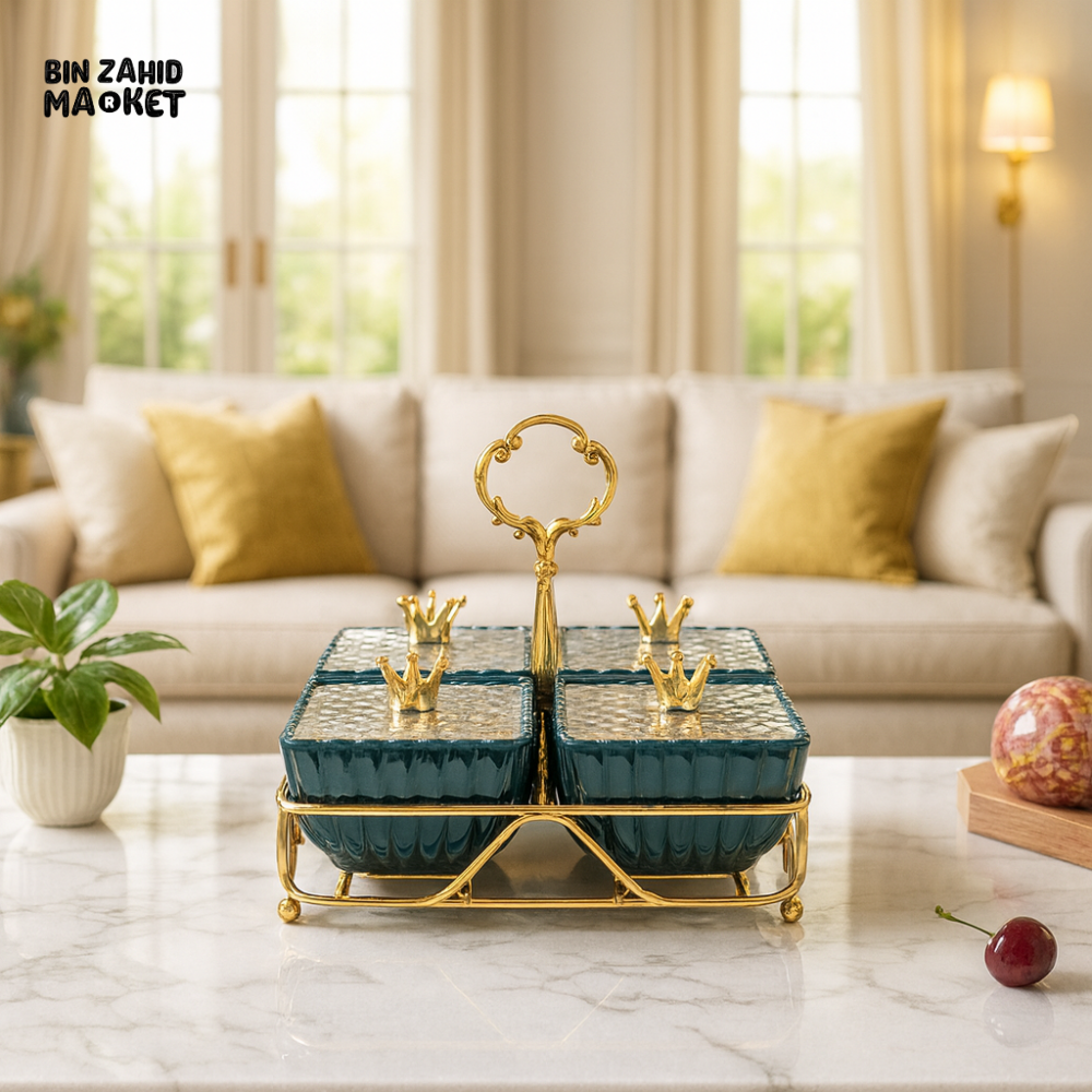 GOLDEN CROWN CERAMIC SERVING SET – 4 PIECE ELEGANT STORAGE CONTAINERS WITH METAL TRAY ZQ 027G