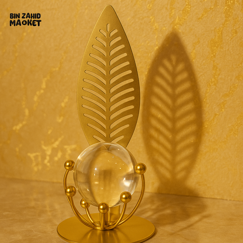 GOLDEN CRYSTAL BALL DECOR PIECE – LUXURY LEAF DESIGN ORNAMENT FOR HOME INTERIOR