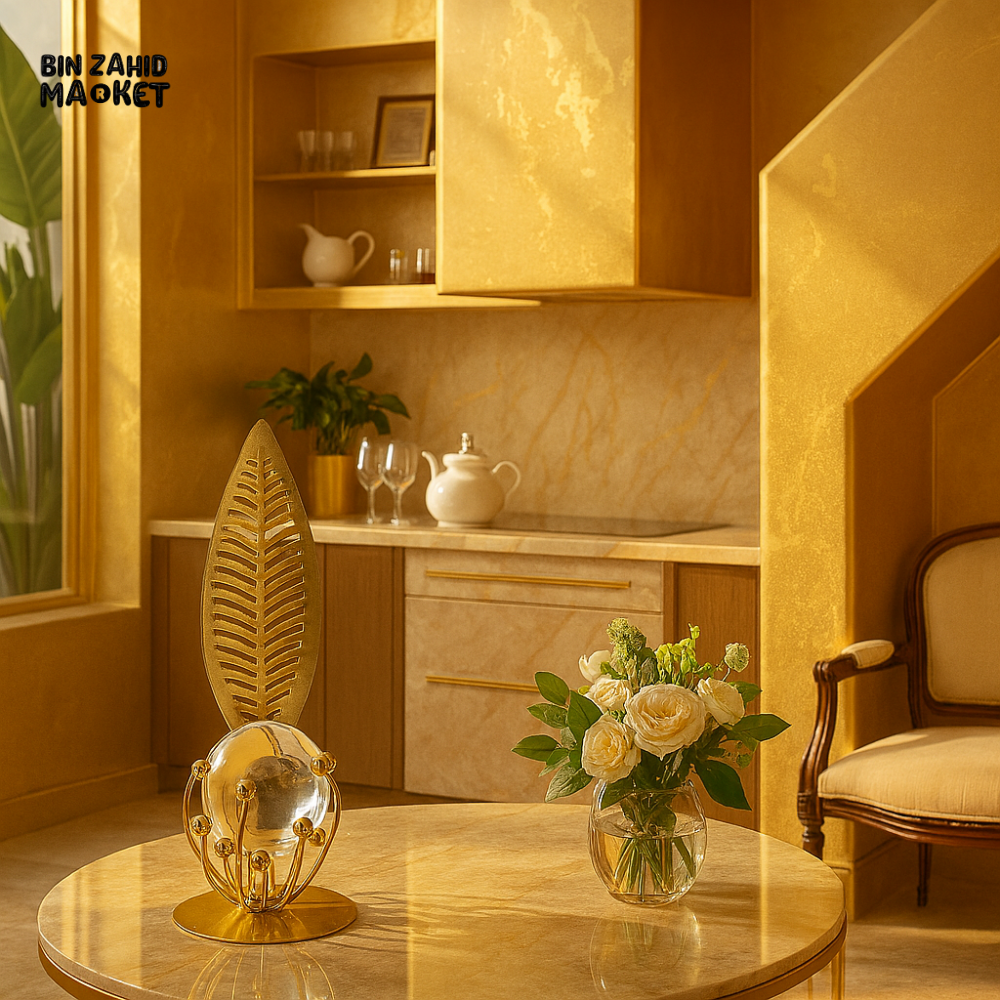 GOLDEN CRYSTAL BALL DECOR PIECE – LUXURY LEAF DESIGN ORNAMENT FOR HOME INTERIOR