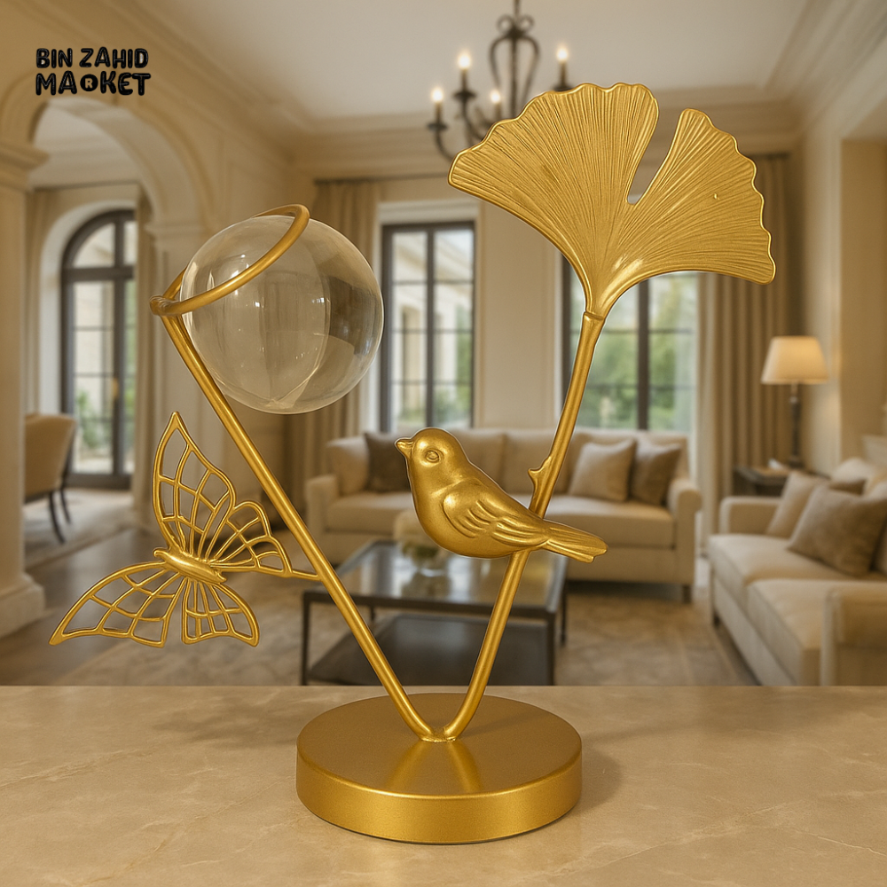 GOLDEN CRYSTAL LEAF & BIRD DECOR – LUXURY TABLETOP SCULPTURE FOR HOME INTERIORS