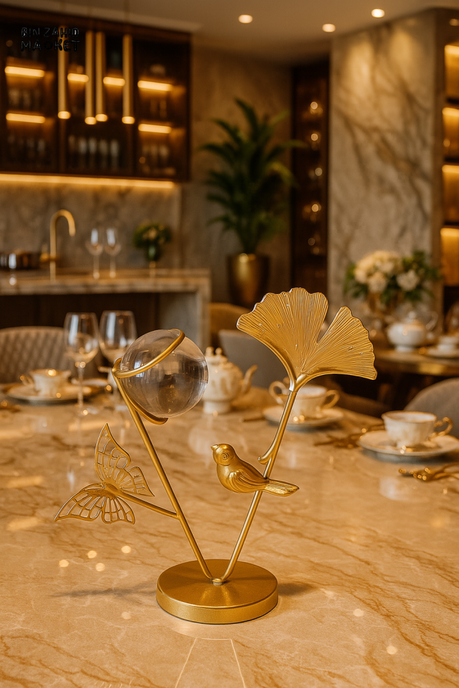 GOLDEN CRYSTAL LEAF & BIRD DECOR – LUXURY TABLETOP SCULPTURE FOR HOME INTERIORS