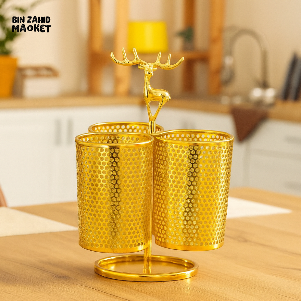 GOLDEN CUTLERY HOLDER WITH DEER HANDLE – LUXURY 3 CUP UTENSIL ORGANIZER FOR KITCHEN COUNTER & DINING DECOR