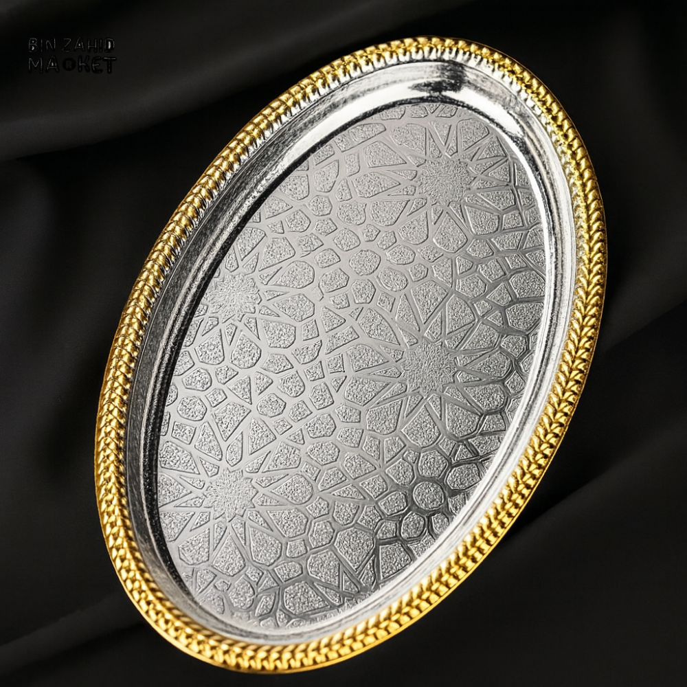 GOLDEN EDGE OVAL SERVING TRAY – LUXURY STAINLESS STEEL DECORATIVE PLATTER WITH FLORAL PATTERN FOR KITCHEN & DINING