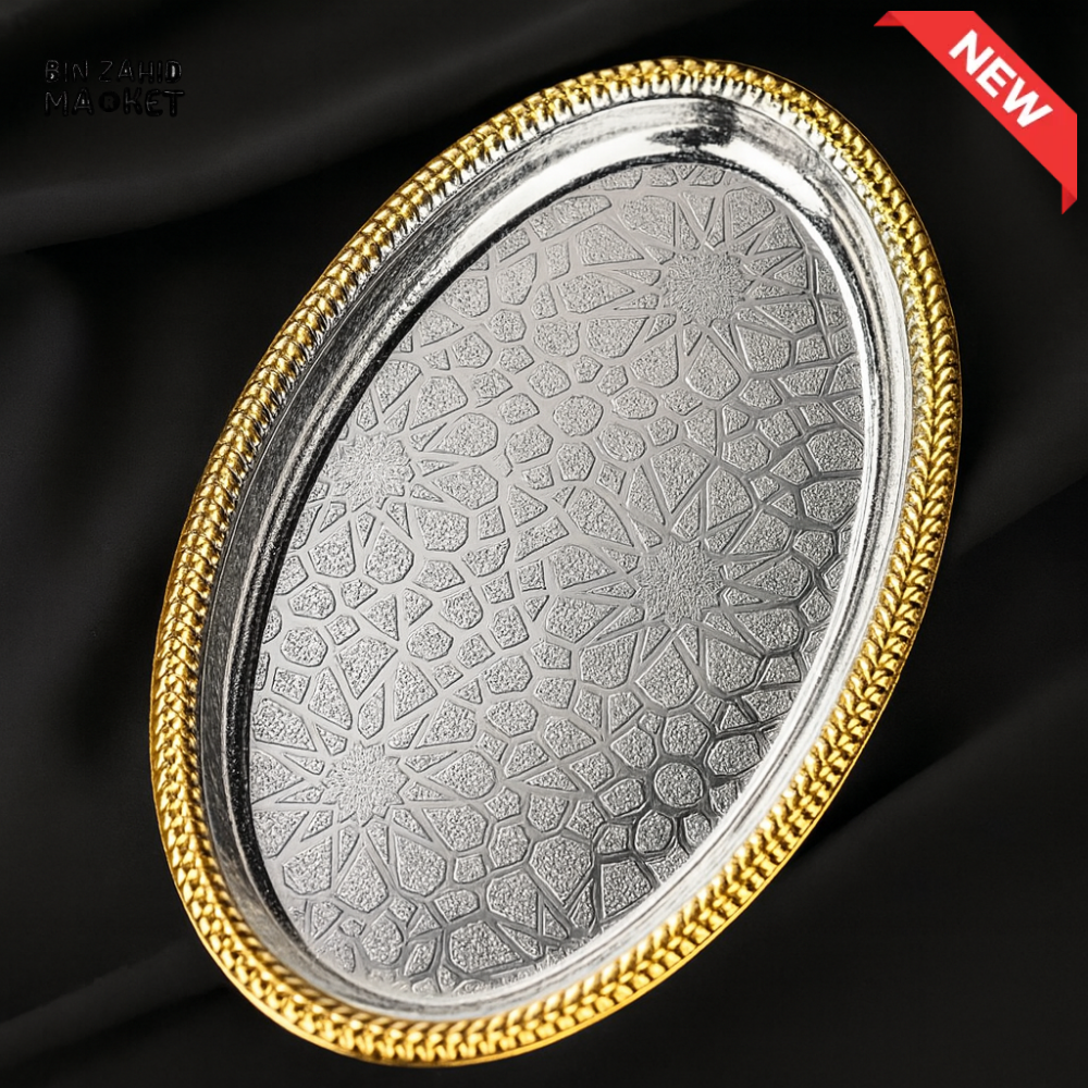 GOLDEN EDGE OVAL SERVING TRAY – LUXURY STAINLESS STEEL DECORATIVE PLATTER WITH FLORAL PATTERN FOR KITCHEN & DINING