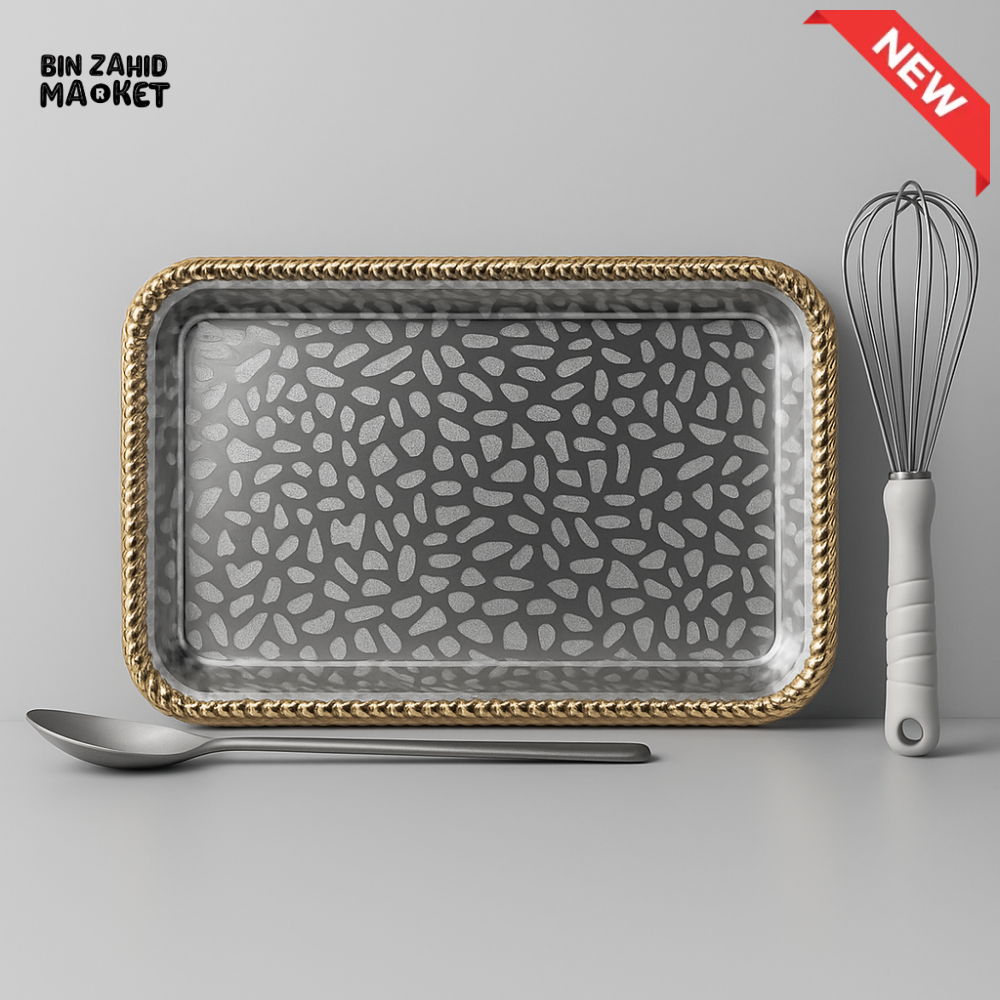 GOLDEN EDGE RECTANGULAR SERVING TRAY – LUXURY STAINLESS STEEL DECORATIVE PLATTER FOR KITCHEN & DINING