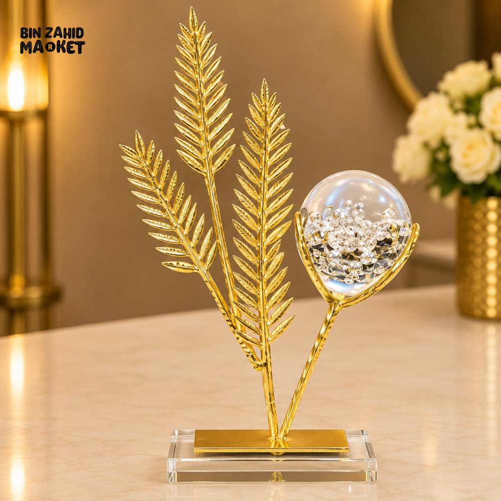 GOLDEN FERN LEAF CRYSTAL ORB DECORATIVE ORNAMENT