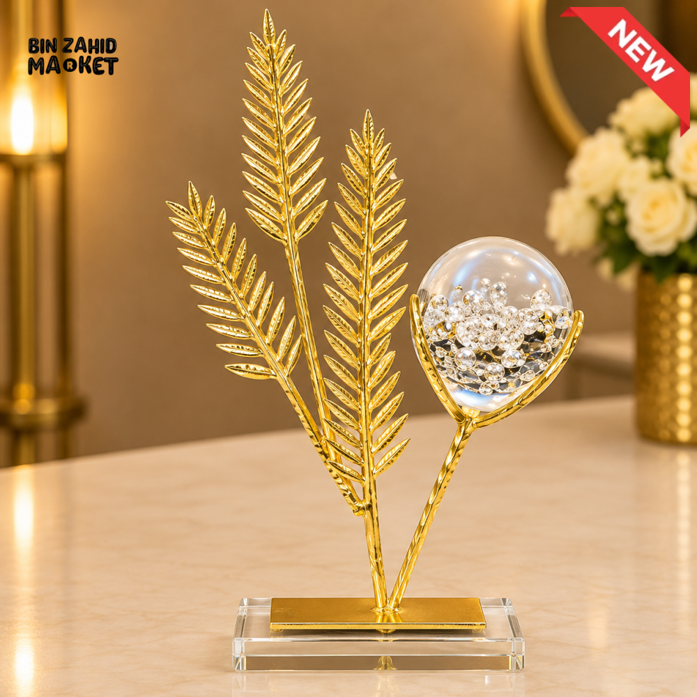 GOLDEN FERN LEAF CRYSTAL ORB DECORATIVE ORNAMENT
