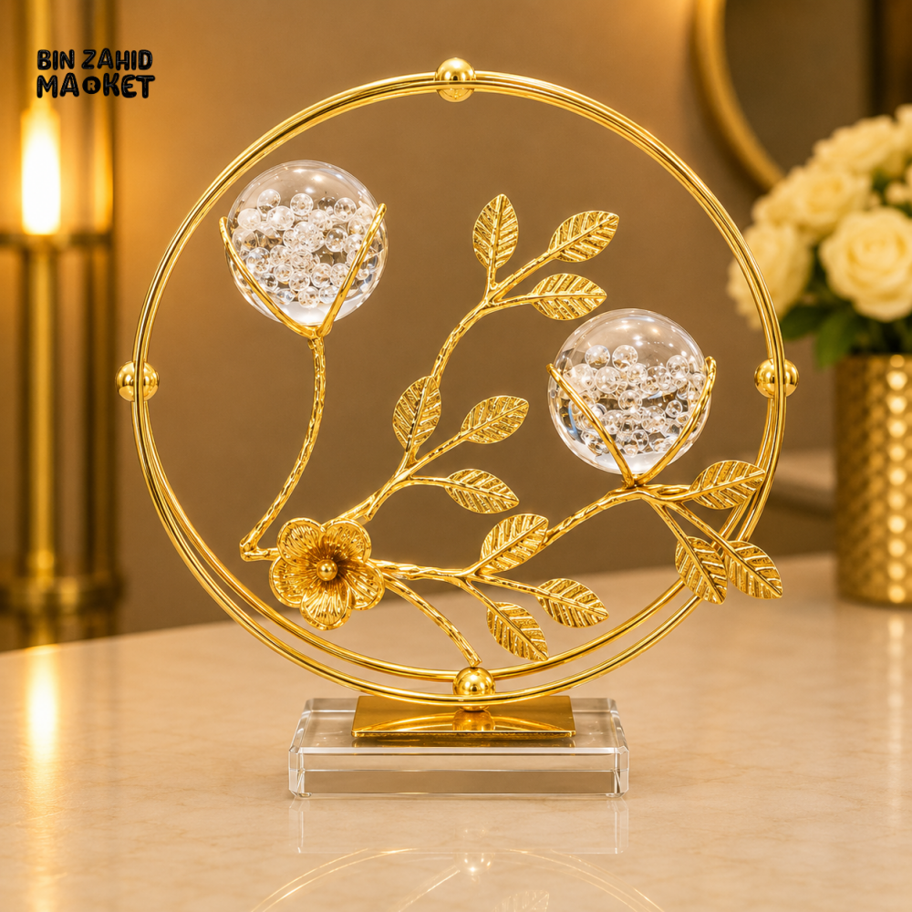 GOLDEN FLORAL BRANCH DOUBLE CRYSTAL ORB DECORATIVE ORNAMENT