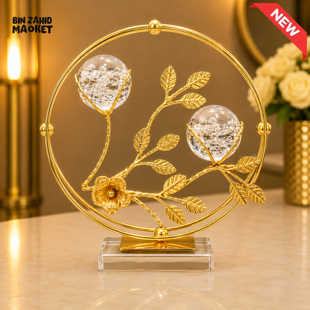 GOLDEN FLORAL BRANCH DOUBLE CRYSTAL ORB DECORATIVE ORNAMENT