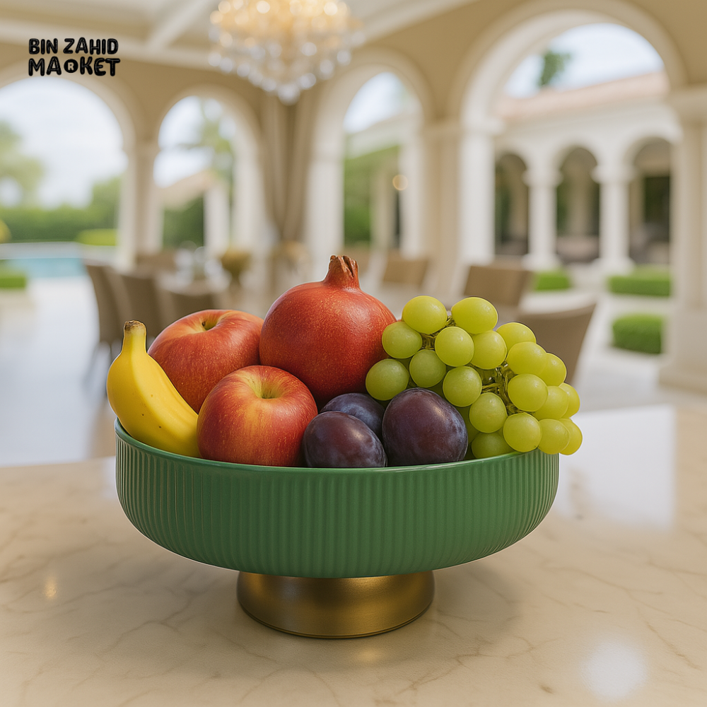 GOLDEN FOOTED SERVING BOWL 8 INCH – LUXURY FRUIT & SNACK DISPLAY CENTERPIECE - GREEN