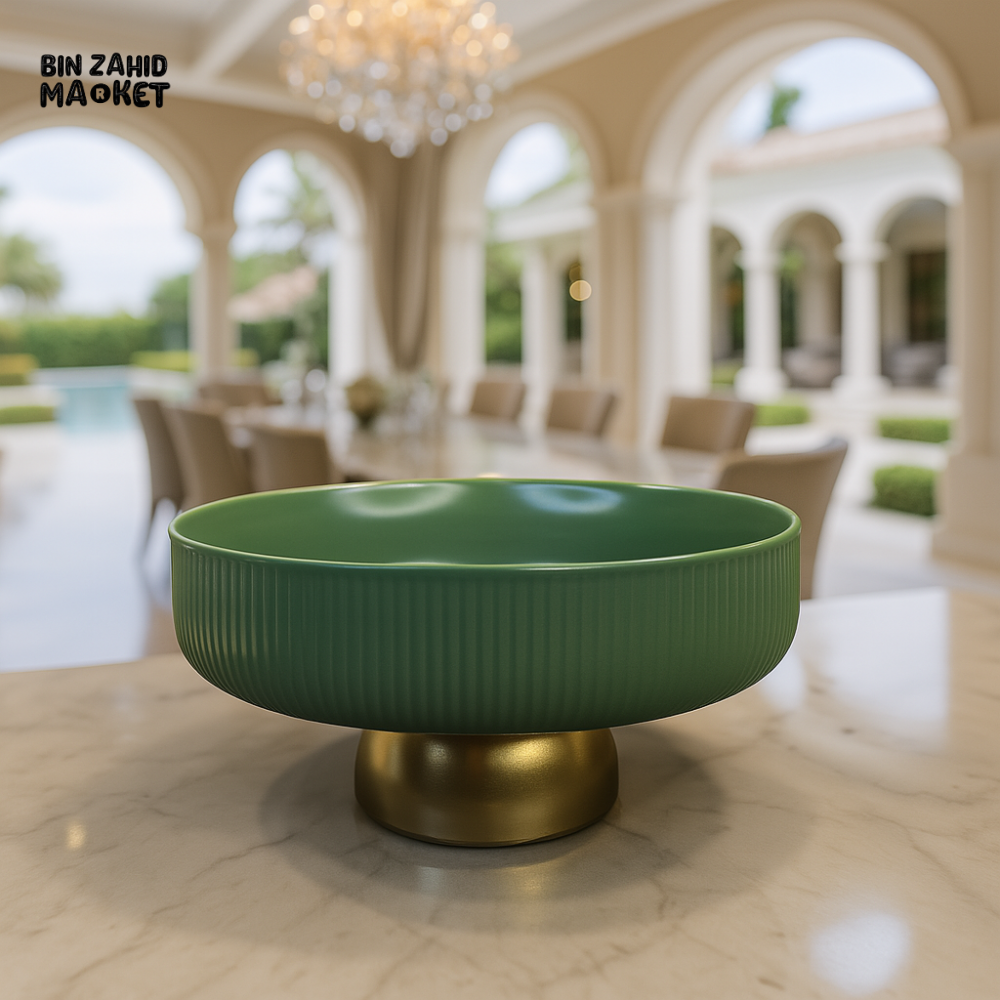 GOLDEN FOOTED SERVING BOWL 8 INCH – LUXURY FRUIT & SNACK DISPLAY CENTERPIECE - GREEN