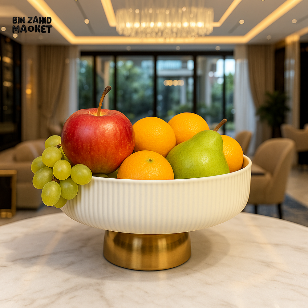 GOLDEN FOOTED SERVING BOWL 8 INCH – LUXURY FRUIT & SNACK DISPLAY CENTERPIECE - WHITE