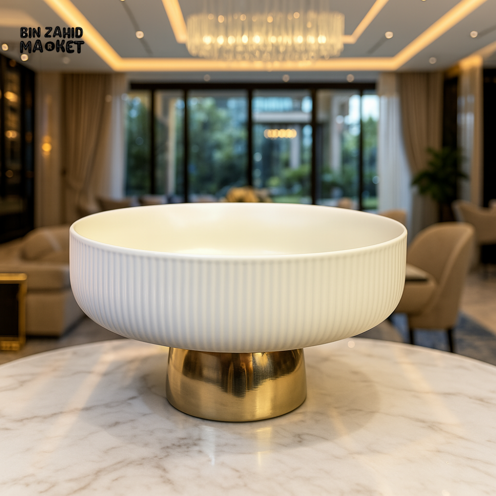GOLDEN FOOTED SERVING BOWL 8 INCH – LUXURY FRUIT & SNACK DISPLAY CENTERPIECE - WHITE