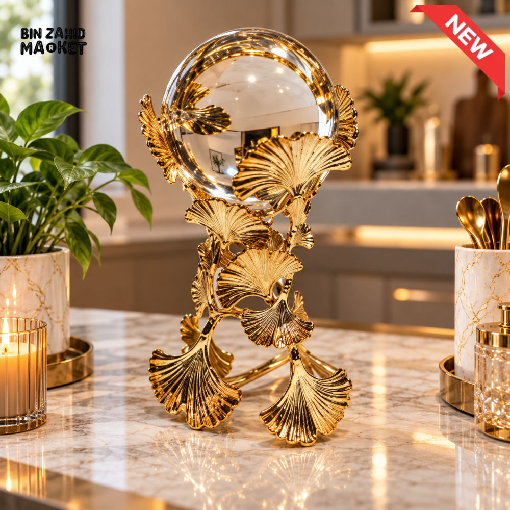 GOLDEN GINKGO LEAF CRYSTAL BALL DECORATIVE SHOWPIECE