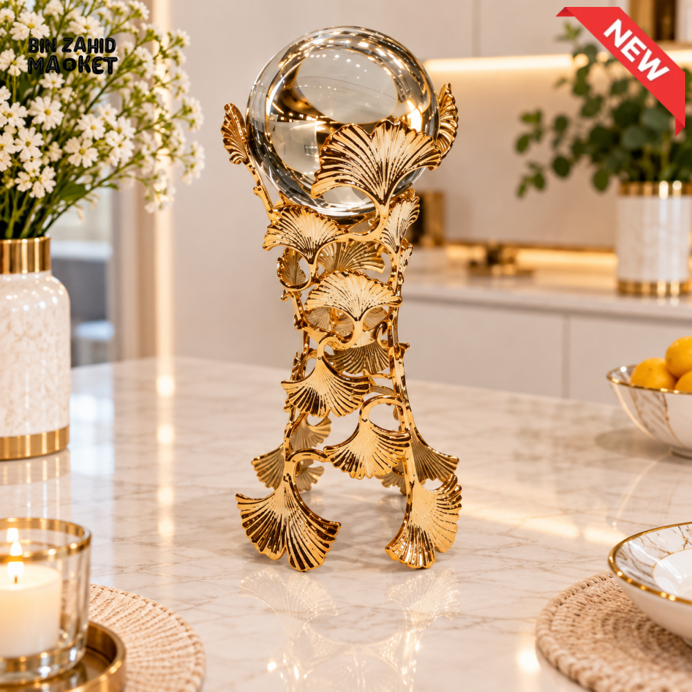 GOLDEN GINKGO LEAF CRYSTAL BALL DECORATIVE SHOWPIECE – 9 INCH