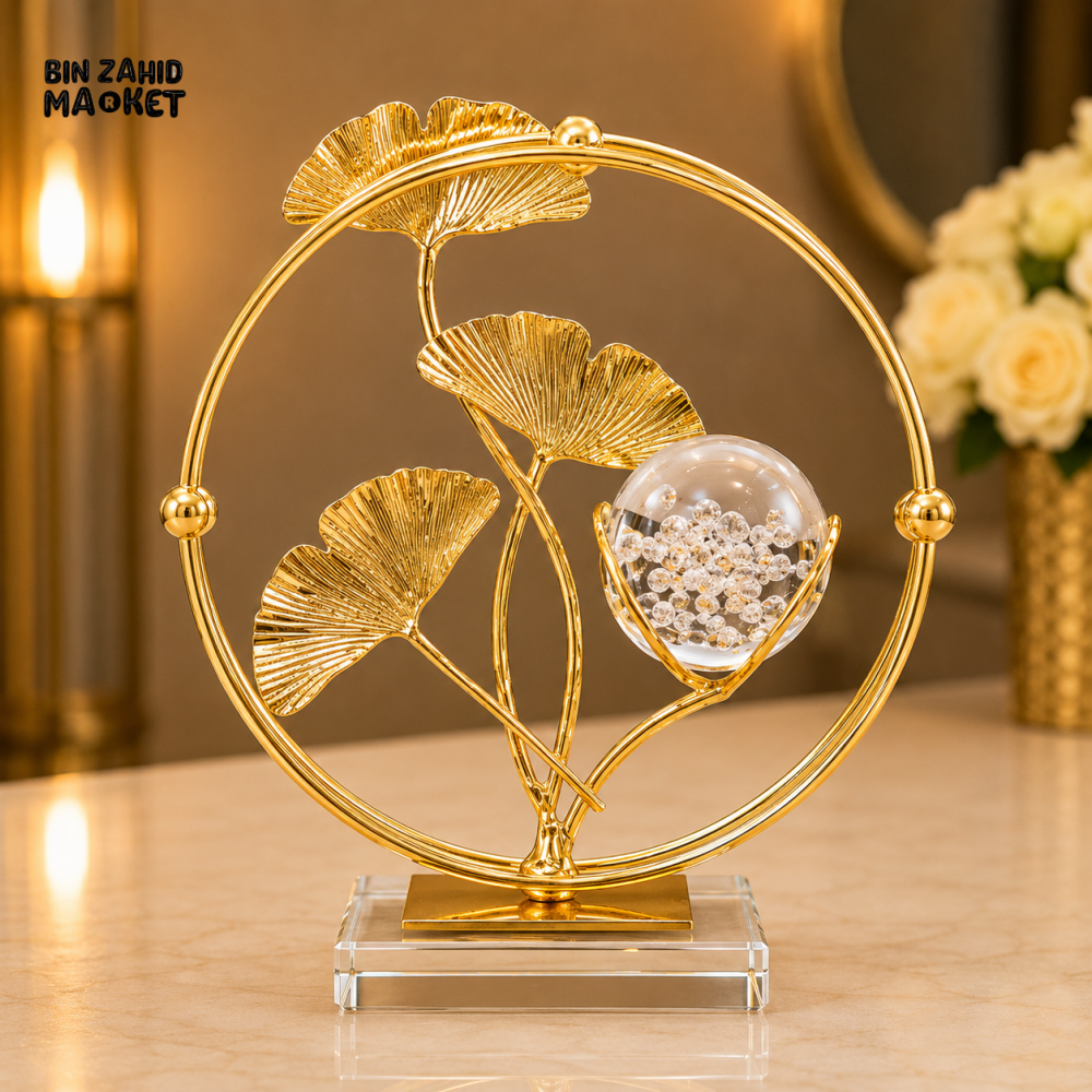 GOLDEN GINKGO LEAF CRYSTAL ORB CIRCULAR DECORATIVE ORNAMENT