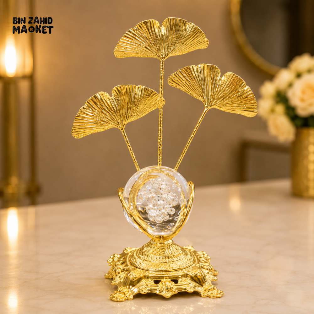 GOLDEN GINKGO LEAF CRYSTAL ORB DECORATIVE ORNAMENT