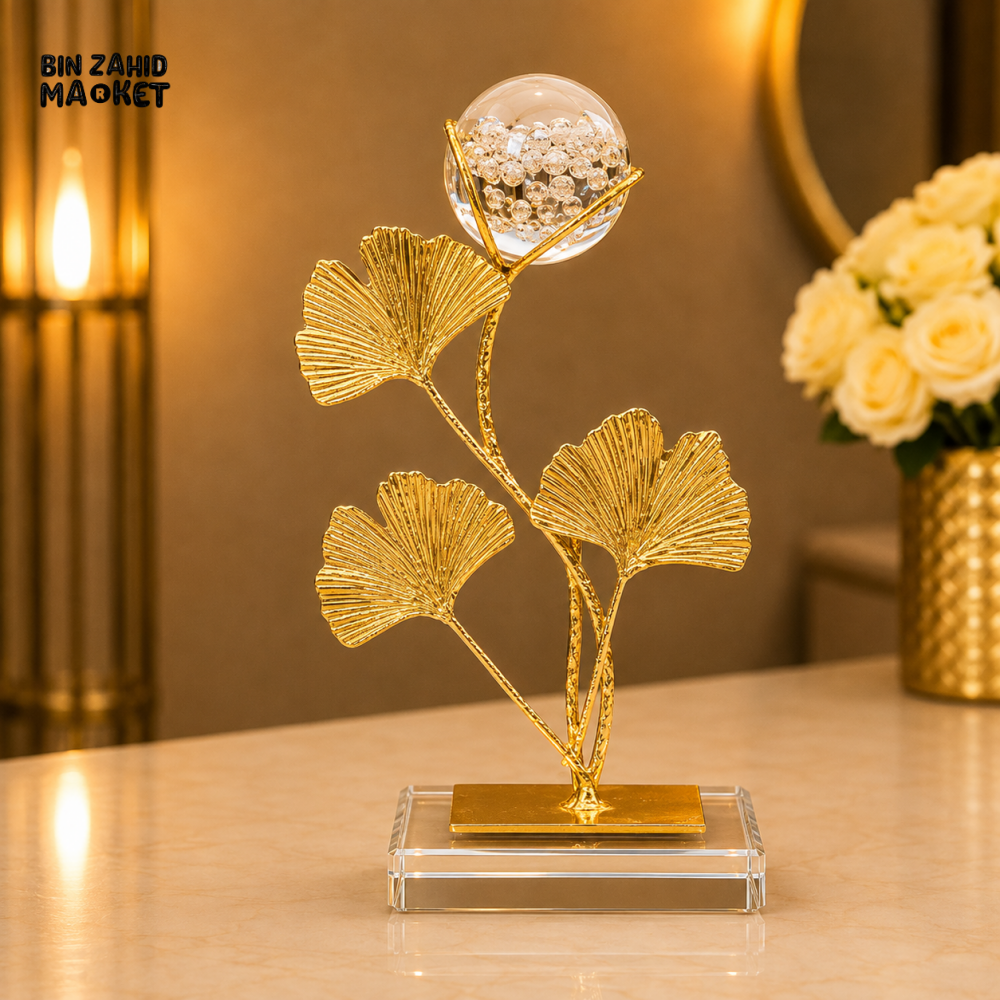 GOLDEN GINKGO LEAF CRYSTAL ORB TABLETOP ORNAMENT