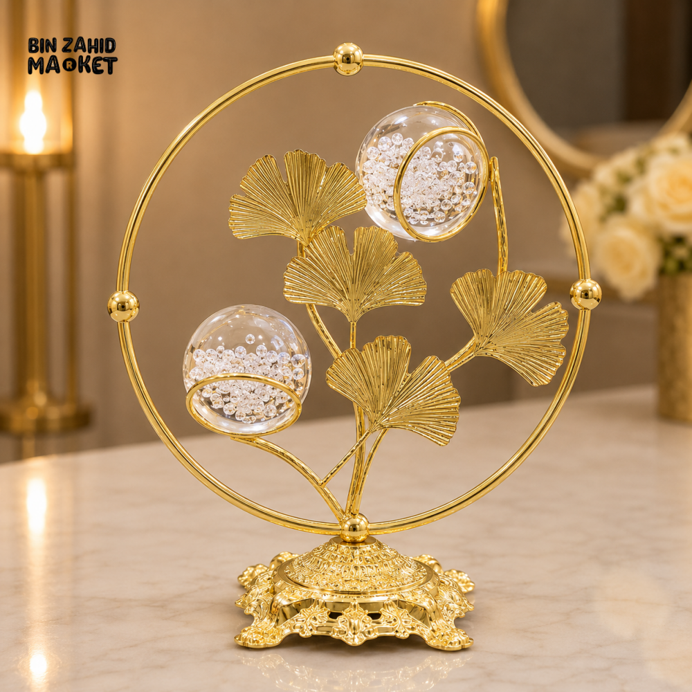 GOLDEN GINKGO LEAF DOUBLE CRYSTAL ORB DECORATIVE ORNAMENT
