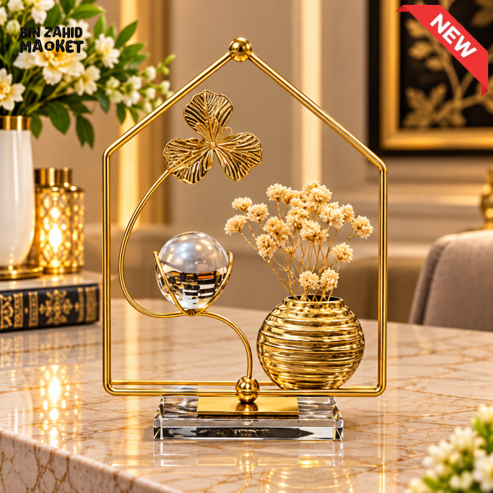 GOLDEN HOUSE FRAME FLOWER VASE & CRYSTAL BALL DECORATIVE SCULPTURE - Sculptures