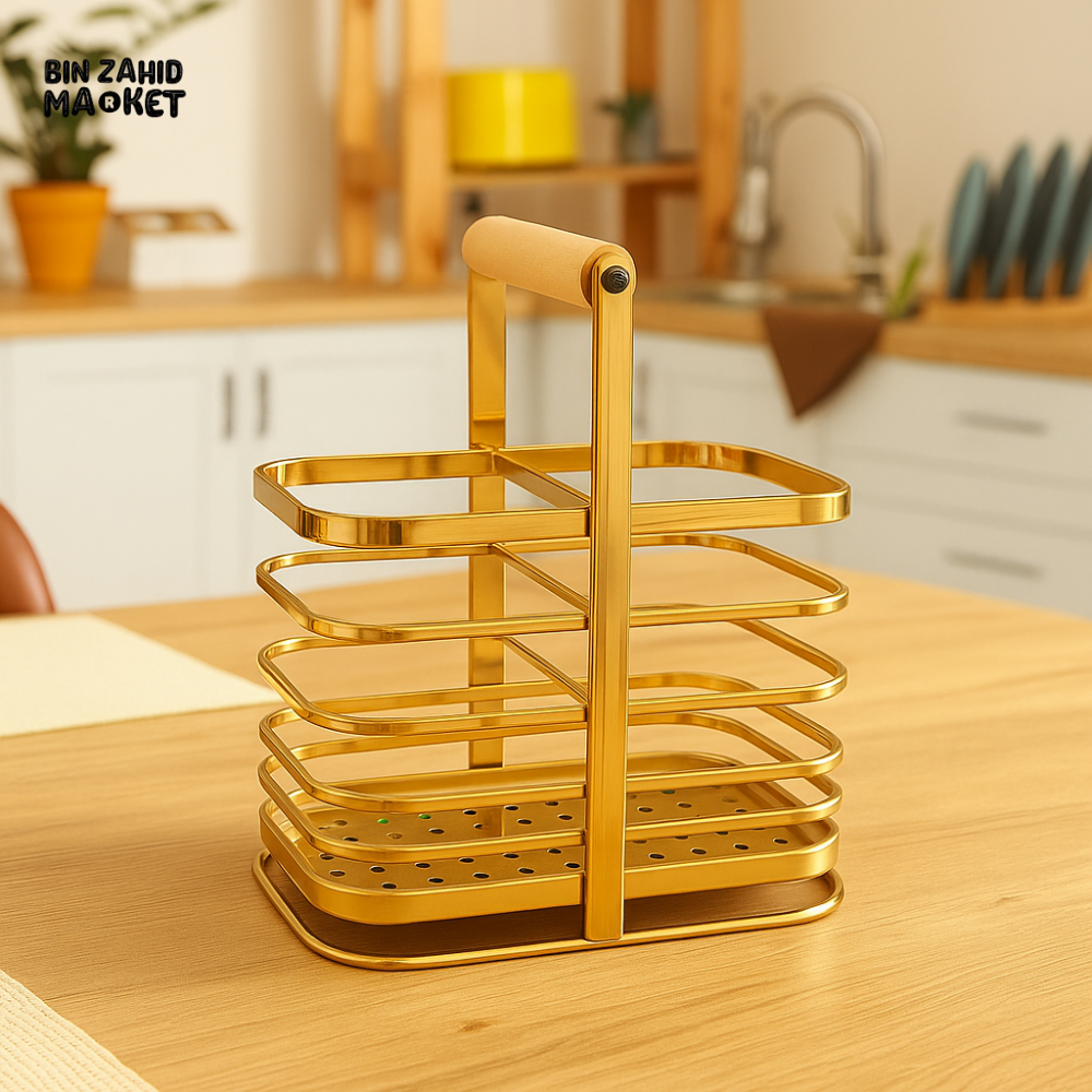 GOLDEN KITCHEN UTENSIL HOLDER – LUXURY MULTIFUNCTIONAL STORAGE CADDY WITH WOODEN HANDLE FOR COUNTER & DINING