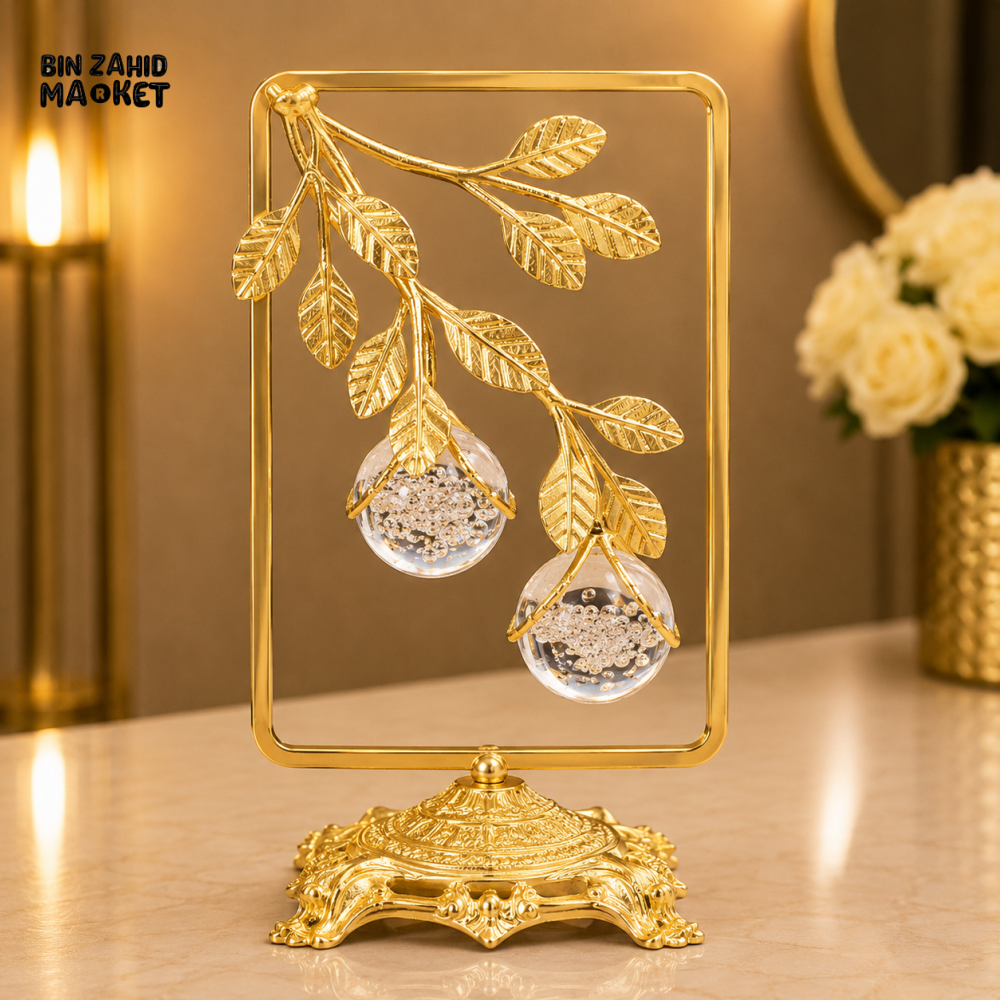 GOLDEN LEAF BRANCH DOUBLE CRYSTAL ORB DECORATIVE ORNAMENT