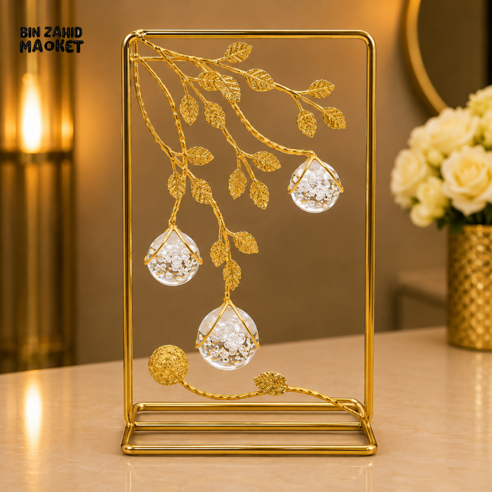 GOLDEN LEAF BRANCH TRIPLE CRYSTAL ORB DECORATIVE ORNAMENT