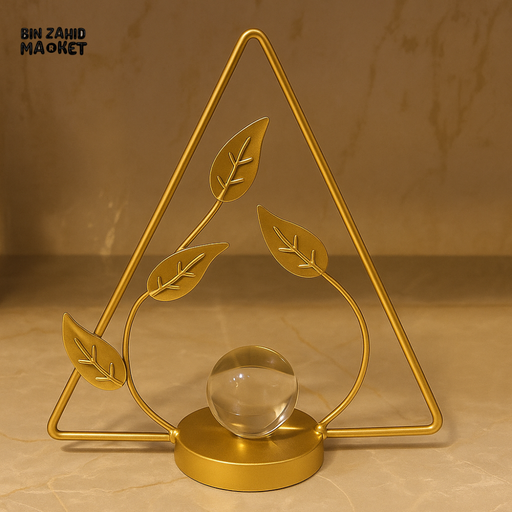 GOLDEN LEAF TRIANGLE DECOR WITH CRYSTAL BALL – LUXURY TABLETOP SCULPTURE