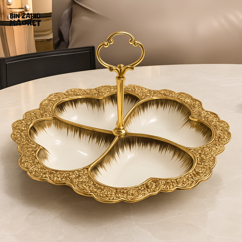 GOLDEN ORNATE 4 COMPARTMENT SERVING TRAY WITH HANDLE – LUXURY HEART SHAPED SNACK & DRY FRUIT PLATTER