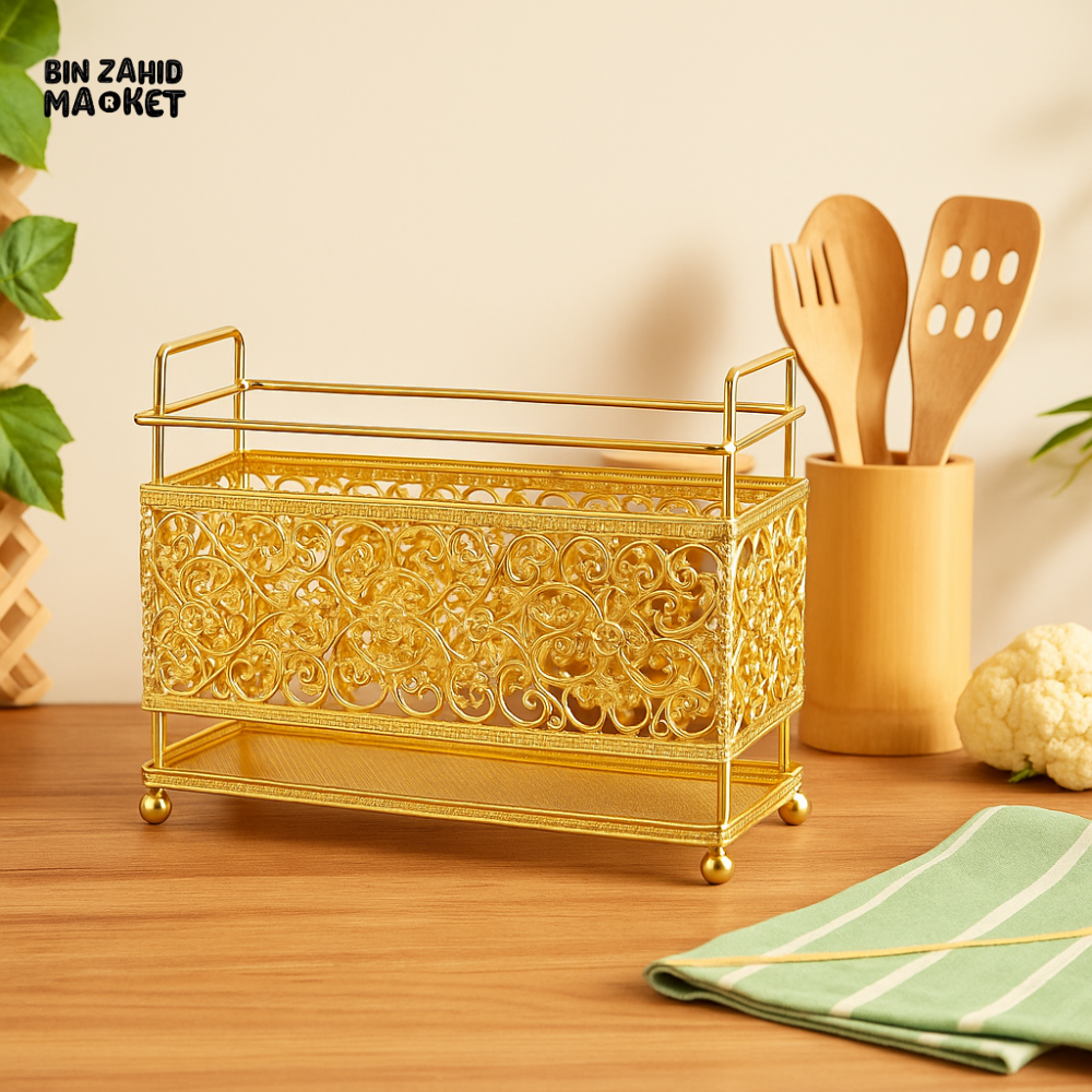 GOLDEN ORNATE FILIGREE KITCHEN UTENSIL CADDY – LUXURY RECTANGULAR CUTLERY HOLDER WITH BALL FEET