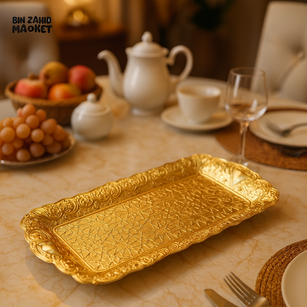 GOLDEN ORNATE RECTANGULAR SERVING TRAY – LUXURY DINING TABLE PLATTER FOR TEA DESSERTS & SNACKS