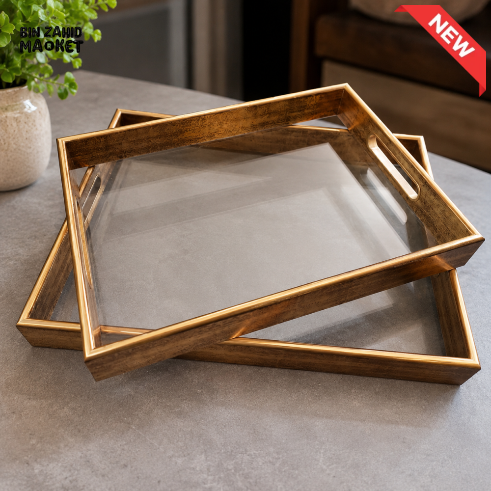 GOLDEN RECTANGULAR SERVING TRAY SET WITH CLEAR BASE - 2 PIECE