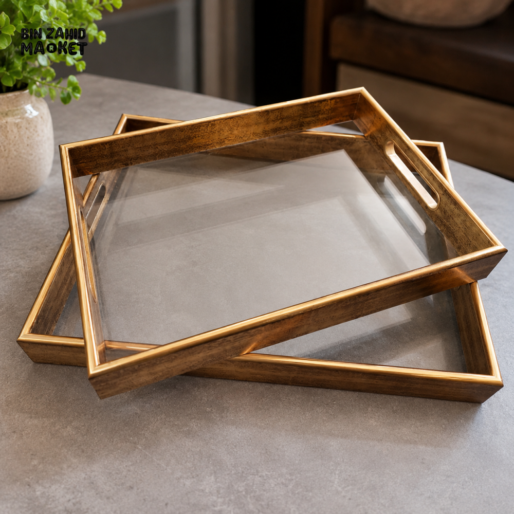 GOLDEN RECTANGULAR SERVING TRAY SET WITH CLEAR BASE - 2 PIECE