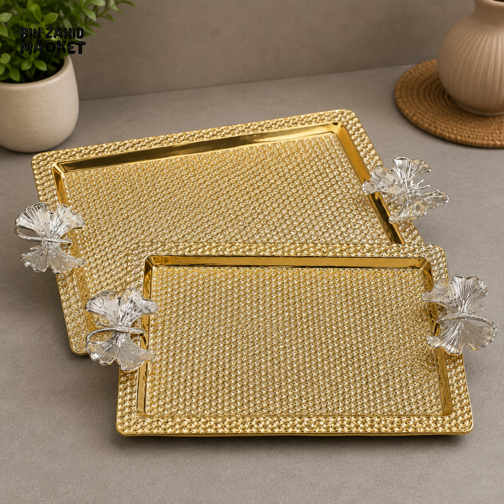 GOLDEN RECTANGULAR SERVING TRAY SET WITH SILVER FLORAL HANDLES - 2 PIECE