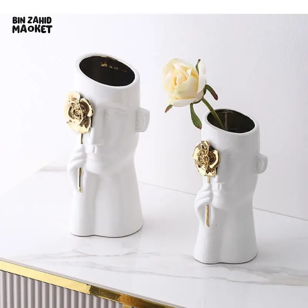 GOLDEN ROSE CERAMIC VASE - MODERN DESK DECOR & FLOWER ARRANGEMENT