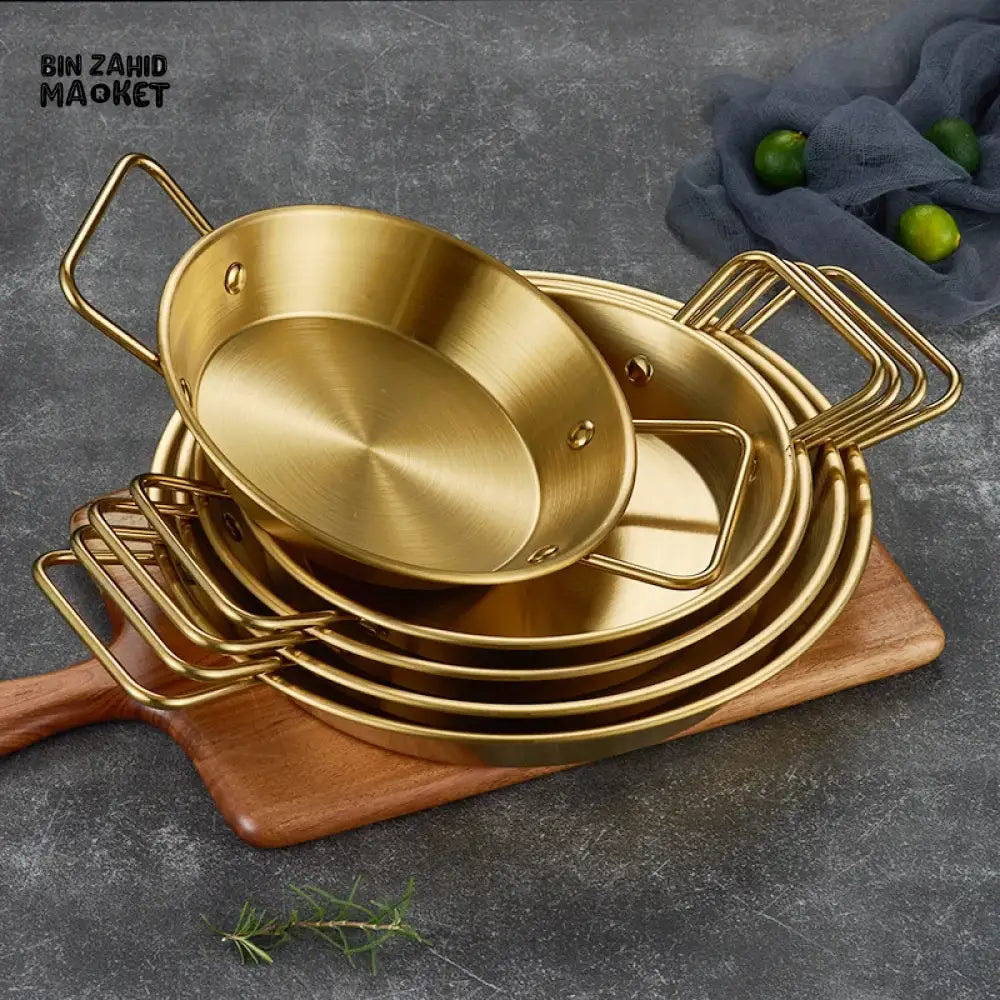 GOLDEN STAINLESS STEEL DOUBLE EAR SEAFOOD PLATE 22 CM – LUXURY SALAD PASTA & SPANISH SNACK SERVING PLATE FOR HOME USE